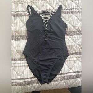 Bleu Rod Beattie Black One Piece Swimsuit with Lace-Up Back